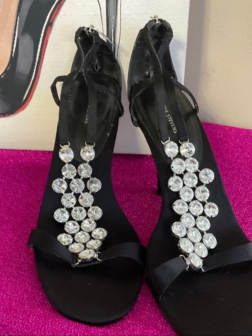 Valerie Stevens Black Satin T-Strap Heels with Crystal Accents